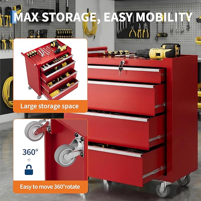 IDEALHOUSE Rolling Tool Chest, 4 Drawers Tool Storage Cabinet, Toolbox with Wheels, Portable Tool Cabinet Organizer with Locking System & Drawer Liners, Tool Storage Cart for Garage, Workshop, Red