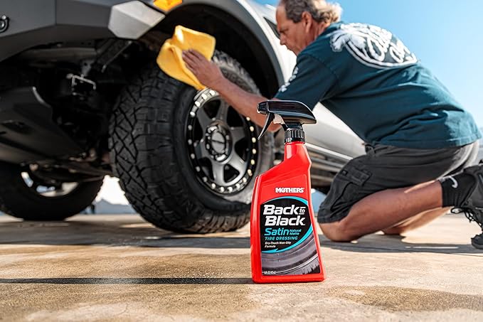Mothers Back-to-Black Satin Tire Dressing, 16 oz. — No-Shine, Matte Finish, Dry-Touch, Non-Oily Formula Won’t Brown or Sling, Protects Tires, Natural Low-Sheen Finish (06816)