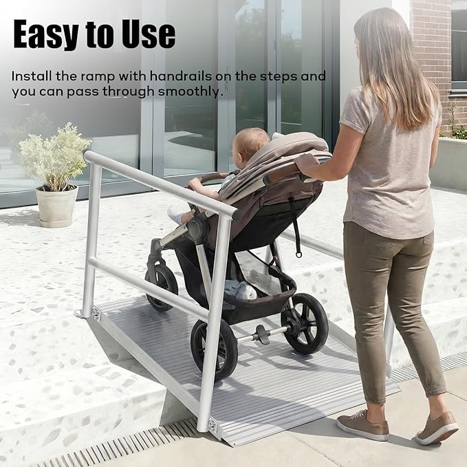 Portable Wheelchair Ramp with Handrails for Home Steps Stairs Curbs, 800 Lbs Capacity Aluminum Handicap Ramps for Wheelchairs, Carts, Scooter, Anti-Slip Surface - 3'L X 36"