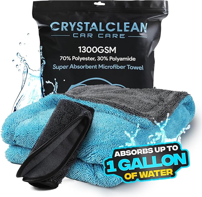 Crystal Clean 1300GSM Microfiber Towels for Cars – XL Drying Towel with Double Twisted Loop, Professional Detailing Towel Car Detailers - Quick Dry, Paint Safe & Swirl-Free (Grey+Blue)