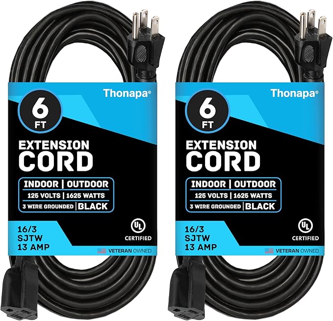 Thonapa 13 Amp Outdoor Extension Cord 6 ft, 2 Pack, 16/3 SJTW 6 Foot Black Extension Cord 3 Prong Multi Pack, Weatherproof ExteriorPower Cable for Outdoor Lights, Landscaping, Lawn, UL Certified