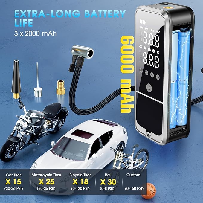 Tire Inflator Portable Air Compressor, 6000mAh Air Pump for Car Tires 160 PSI Portable Air Pump with Tire Gauge Pressure & LED Light & Auto Shut-Off Cordless Bike Pump for Car, Motor, Bike, Ball