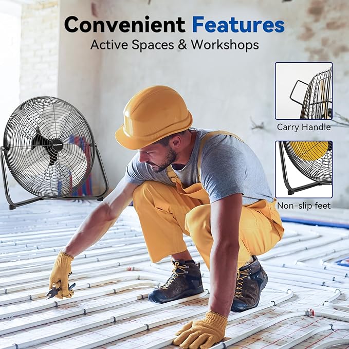 20" High Velocity Floor Fan, 5300 CFM Heavy Duty Industrial Floor Fan, 3 Speed, 360 Degree Tilt, Quiet Operation for Warehouse, Basement, Factory, Barn, Garage - UL Safety Listed