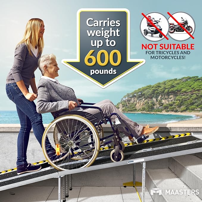 MAASTERS Wheelchair Ramp 12 Feet - Aluminum Long Portable Ramp - Loading Capacity 600 lbs - Portable 12 Foot Wheelchair Ramp with 2 Extra Support Leg
