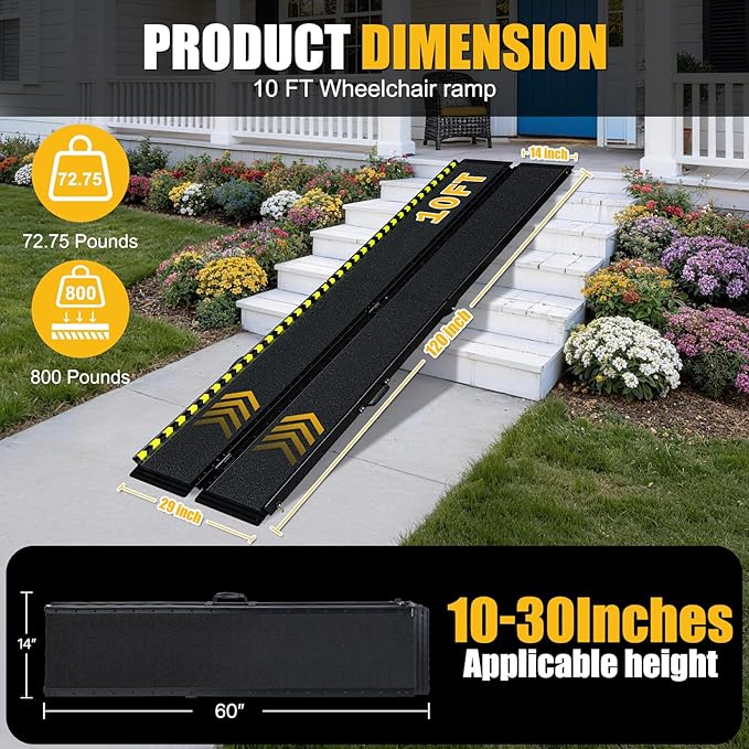 10 FT Portable Wheelchair Ramp - Non-Slip Aluminum Folding Handicap Ramp for Easy Door Threshold Access - Lightweight & Durable for Home Steps, Stairs, Doorways, Matte Black