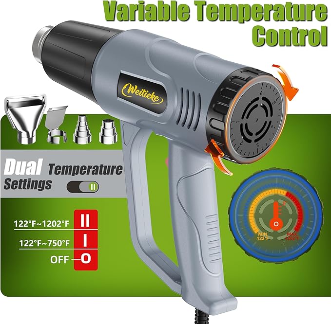 Heat Gun 122℉~1202℉ Dual Temperature Control Pistola De Calor with 4 Nozzles Kit Overload Protection Hot Air Gun For Crafting,Shrink Wrapping, Stripping Paint,5Ft Power Cord (V-F3000W)