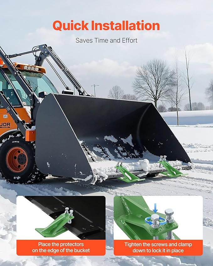 VEVOR Tractor Bucket Protector, 2PCS Heavy Duty Steel Bucket Edge Protectors, Anti-Skid Device with Double Hexagon Lock Nuts and Bolts, for Snow, Leave Removal & Spreading Gravel (Green)