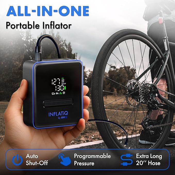 INFLATiQ by RIMiQ Tire Inflator Blue - Powerful, Award-Winning QWIKFLOW Technology with 2 Portable Power Options Included - Strong Vehicle Air Pump for Trucks, Cars, Motorcycles, Bicycles, Balls