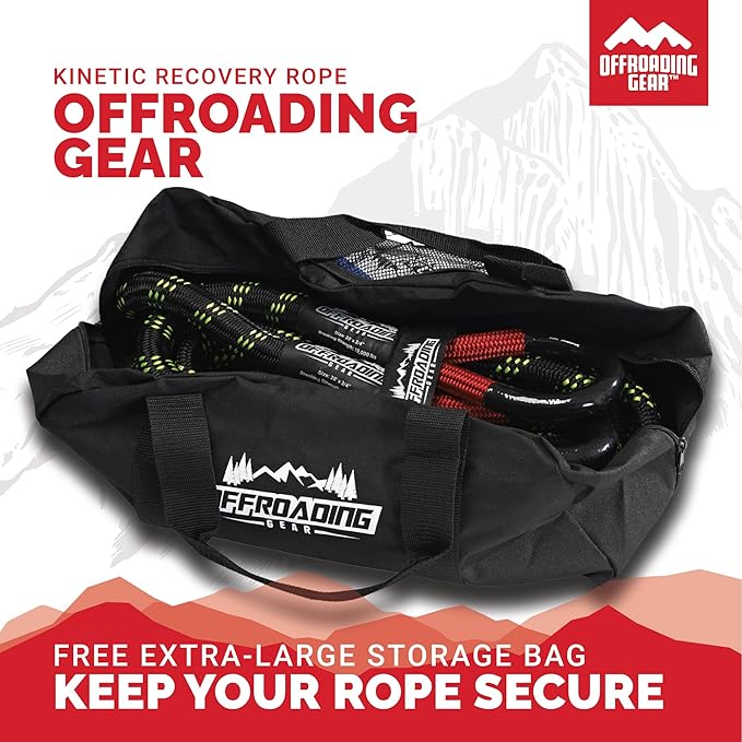 Offroading Gear 4x4 20'x3/4" Kinetic Recovery Rope & Tow Rope Kit| Black (19,000 lbs) | Elastic Snatch Strap | Heavy-Duty Loops | Truck |ATV| UTV| Jeep| Car| SUV| Etc.