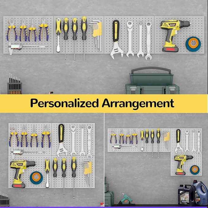Peg Board,4 Pack Metal Pegboard Panels with 8 hooks,PegBoard Wall Organizer,16"x12" Steel PegBoard for Walls,Tools,Garage,Office,Kitchen