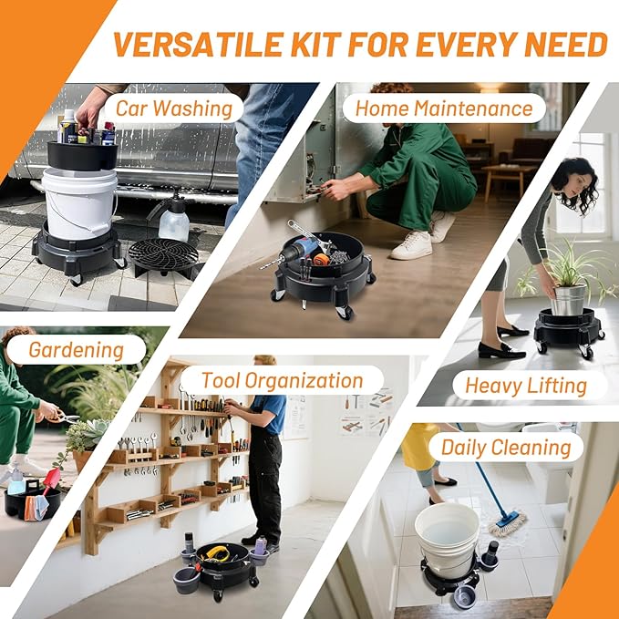ROBLOCK 5 Gallon Bucket Dolly Roller with Dirt and Grit Traps Insert, Car Hose Guide, Bucket Tool Organizer, 3 Removable Bottle Holders, 5-in-1 Car Wash Kit for Cleaning Detailing Carrying