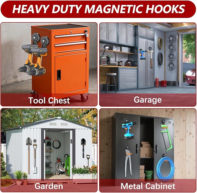 3-H Magnetic Hooks Heavy Duty, Magnet Garage Hooks Heavy Duty and Strong Utility Magnetic Tool Holde for Hanging and organizing Large Power Tool, Ladder, 2.6" Strong Magnetic Orange(4Pack)
