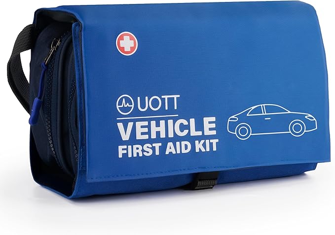 UOTT First Aid Kit for Car – Vehicle Emergency Kit with Detachable Modules, Window Breaker, Splint, Reflective Vest – for Travel, Commute & Roadside Emergencies, Compact Blue Bag