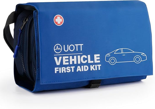 UOTT First Aid Kit for Car – Vehicle Emergency Kit with Detachable Modules, Window Breaker, Splint, Reflective Vest – for Travel, Commute & Roadside Emergencies, Compact Blue Bag
