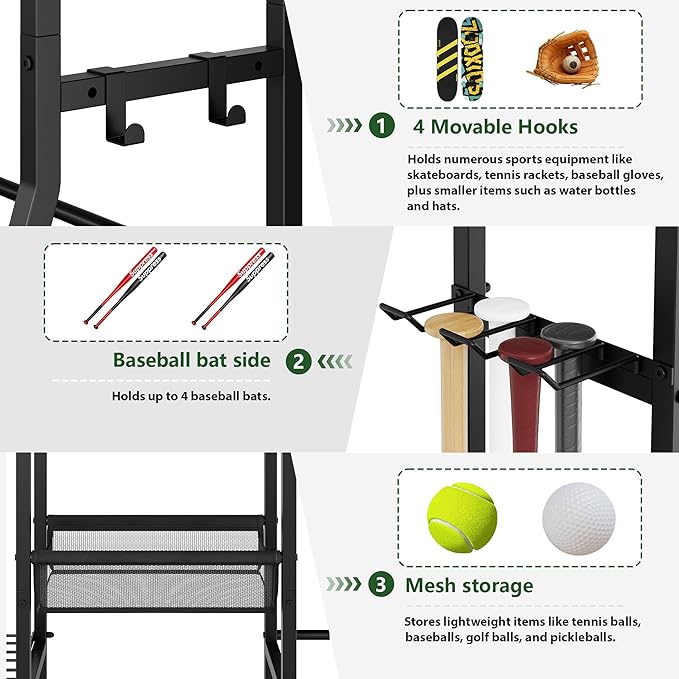 Sports Equipment Organizer Garage Organization , Golf Bag Storage Rack, Organizer for 2 Golf Bag , Indoor/Outdoor Ball Storage Bins for Toy Sports Gear Storage, Ideal for Home, Garage, Club, Basement
