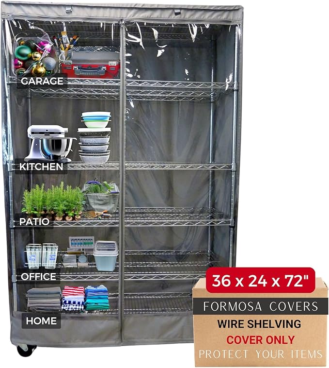 Formosa Covers Premium Clear Front Wire Shelf Cover Grey - Heavy-Duty Storage Solution Wire Rack Cover (36”Wx24”Dx72”H) - Waterproof PVC, Water/Dust Resistant Fabric, Multi Zipper (No Shelf)