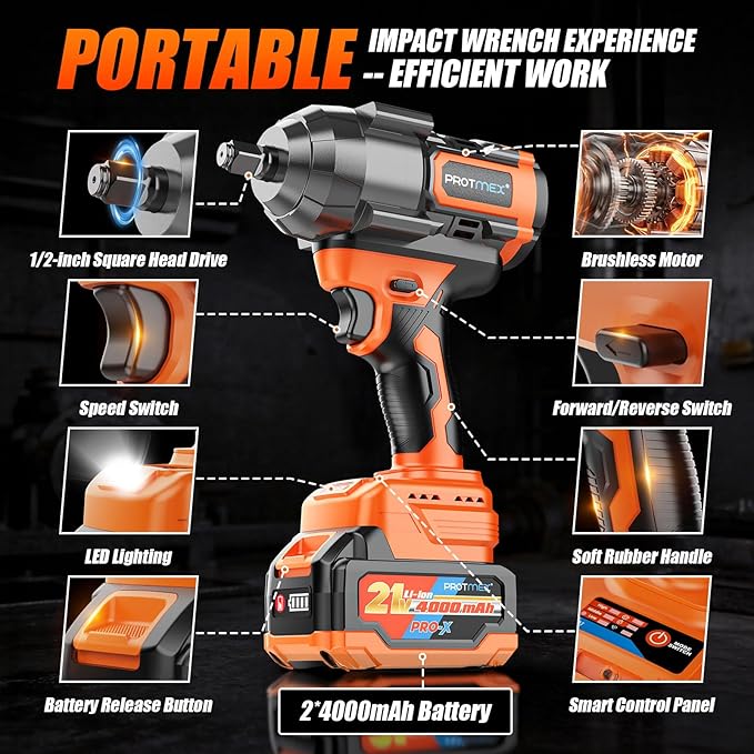 Protmex 1107Ft-lbs(1500N.m) Impact Wrench, 1/2" Cordless Impact Driver, Brushless High Torque Impact Gun with 21V 2x4.0Ah Battery, Power Motor Variable Speeds for Car/Mower/Pickup Truck
