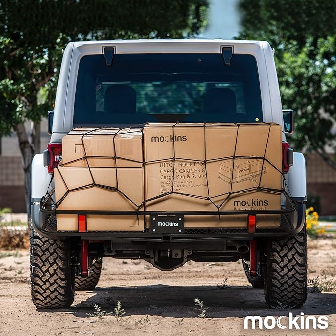 Mockins Black Heavy Duty 20.8" X 36.8" Bungee Cargo Net Stretches to 45" X 75" The Cargo Carrier Net Comes with 10 Hooks and can be Used with Any Car or Van SUV and Truck