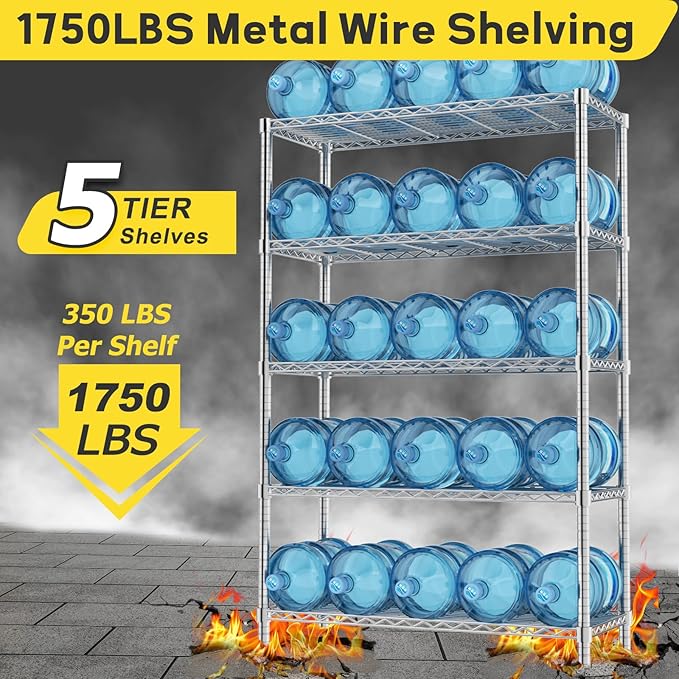 Storage Shelves, 36" L x 14" W x 72" H Heavy Duty Garage Wire Shelving Unit Loads 1750LBS, 5-Tier Adjustable Metal Industrial Utility Shelf Rack for Kitchen, Laundry Room, Basement