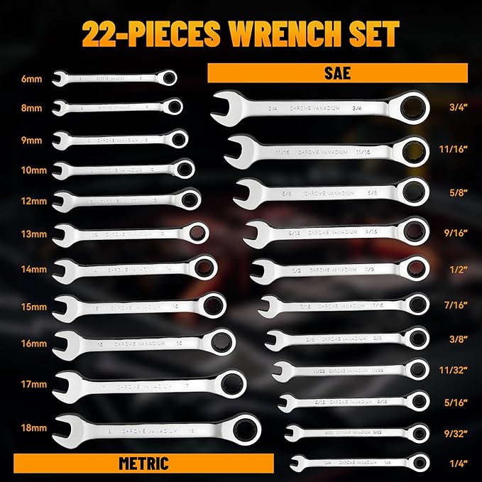Ratchet Wrenches Set, 22-Piece Combination Wrench Set, Metric & SAE, Anti-Slip Grip, CR-V Steel, 1/4" to 3/4" & 6mm to 18mm, Portable Oxford Pouch Organizer