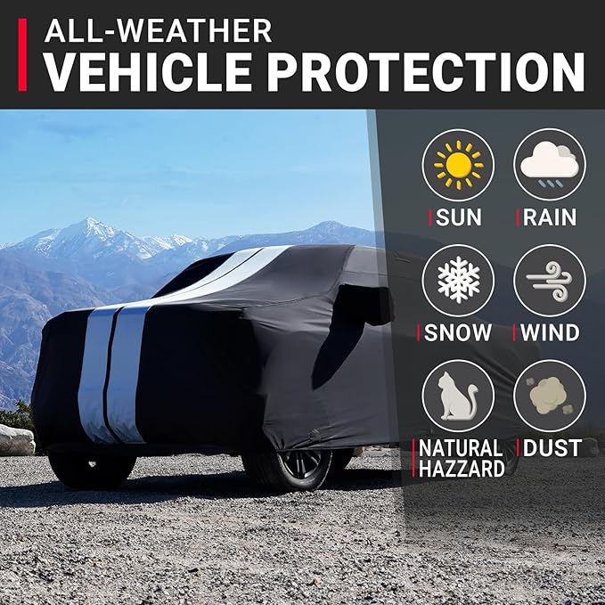 iCarCover Premium Heavy Duty Truck Car Cover - Waterproof All Weather Rain Snow UV Protection, Dakota, Frontier, Tacoma, Canyon, Colorado,R1T, Size T83 (See Size Chart), Stripe - Black/Gray