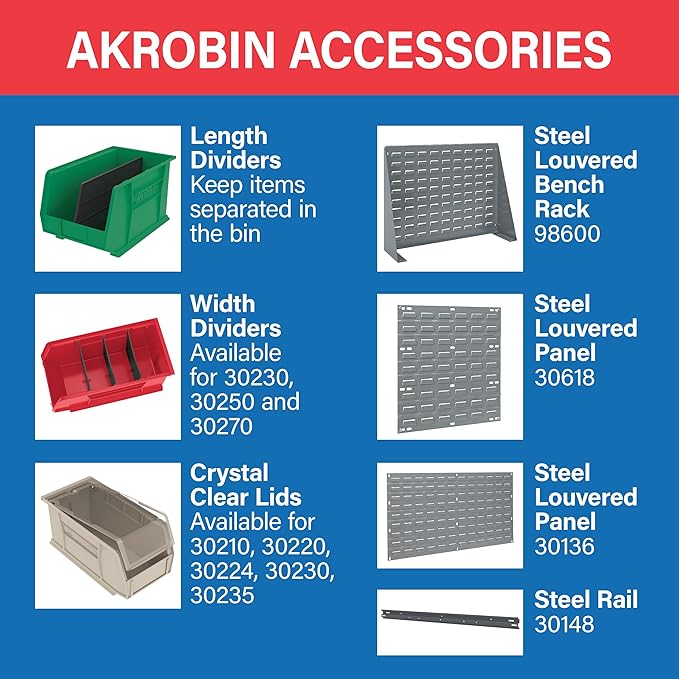 Akro-Mils 30260 AkroBins Plastic Storage Bins, Space-Saving Stackable Bins for Garage, Pantry, Craft Organization, 18" x 11" x 10", Black, 6-Pack