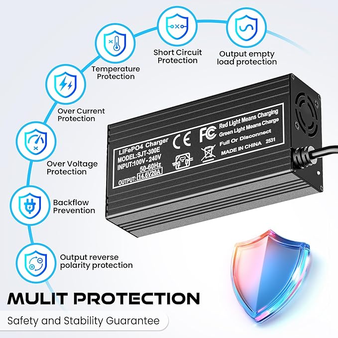 12V 20A Lithium Battery Charger 14.6V LiFePO4 Battery Charger with Quick Connector Automatic Smart & Maintenance for Deep Cycle Rechargeable Battery Boat RV