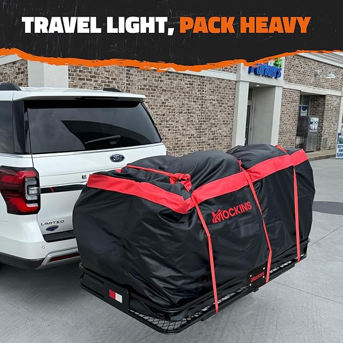 Mockins 40 CuFt XXL Trailer Hitch Cargo Carrier Bag | 70"x30"x33" Heavy Duty Vinyl Cargo Bag for Hitch Carrier | Versatile Waterproof Truck Bed Storage | Vehicle Soft-Shell Carriers with Accessories