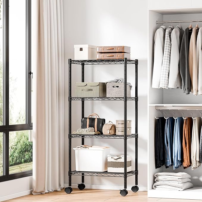 DUMOS Industrial 4 Level Grid Storage Rack ，Mobile Metallic Shelving System with Lockable Wheels， Multi-Purpose Cabinet for Workshop, Culinary Space, Storeroom, Washroom & Restroom Black