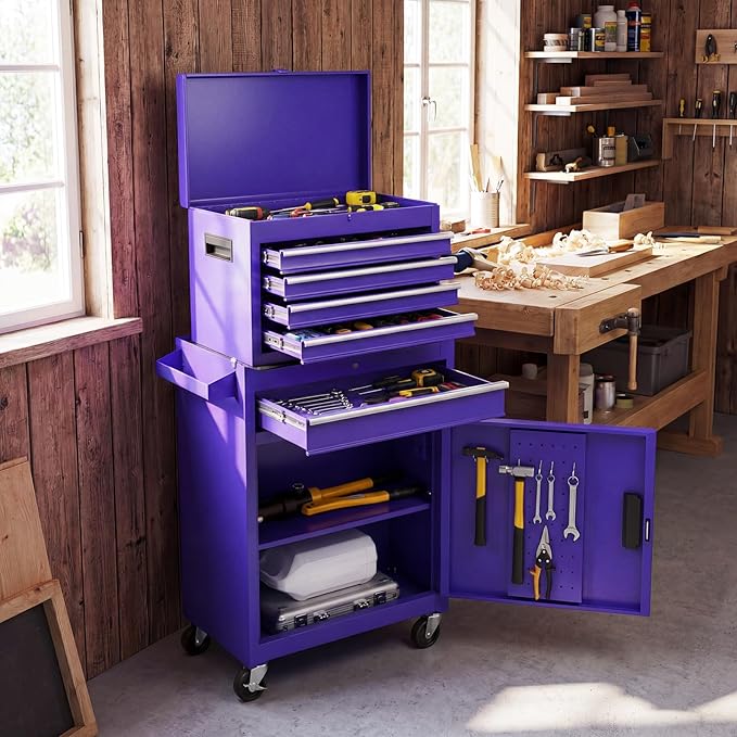 Goplus Purple Tool Chest, 5 Drawers Rolling Tool Cabinet w/Detachable Top Toolbox, Universal Lockable Wheels,Lock Bar,Protective Liner,Tool Rack, Metal Tool Storage Cart, Tool Box for Garage Workshop