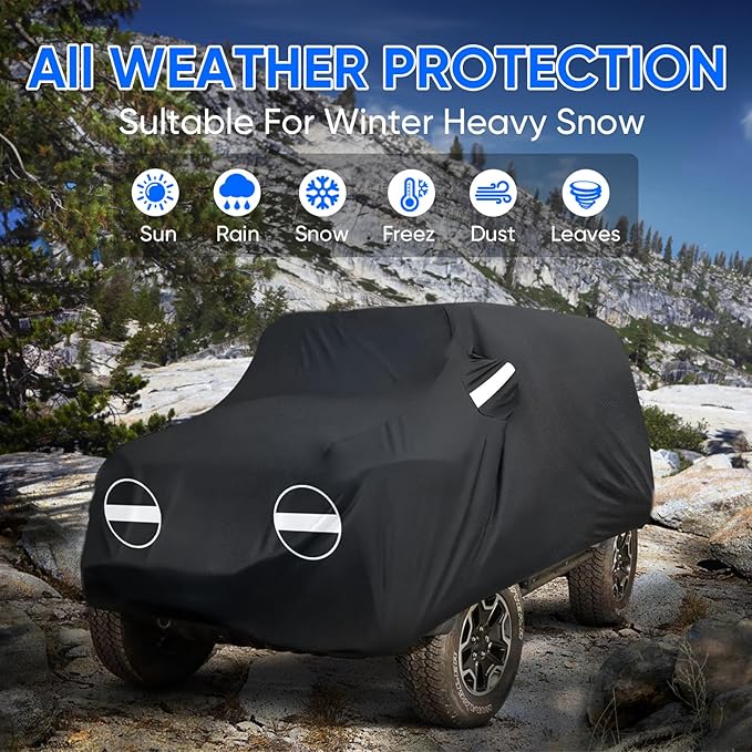 NEVERLAND Car Covers for Jeep Wrangler 2 Door Waterproof Car Covers, All Weather Protection Jeep Sun Rain Protection for Wrangler 2 Door Fits JK JL 2007-2025 Outdoor Covers Black