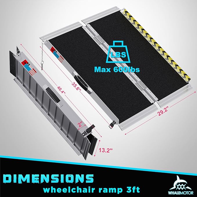 WHALEMOTOR Portable Wheelchair Ramp 3FT, Anti-Slip Aluminum Folding Portable Ramp, Wheelchair Ramps for Home, Weight Capacity Up to 800 LBS, with Transition Plates Above and Below, Loading Dock Plates