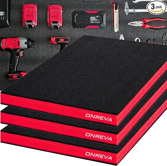 ONREVA Tool Box Foam 16x12x2 inch 3Pack, Foam Inserts for Cases, Polyethylene Storage Sheets for Toolbox Hard Case, Tool Shadow Insert, Kaizen Organizer Sheet, Black with Red