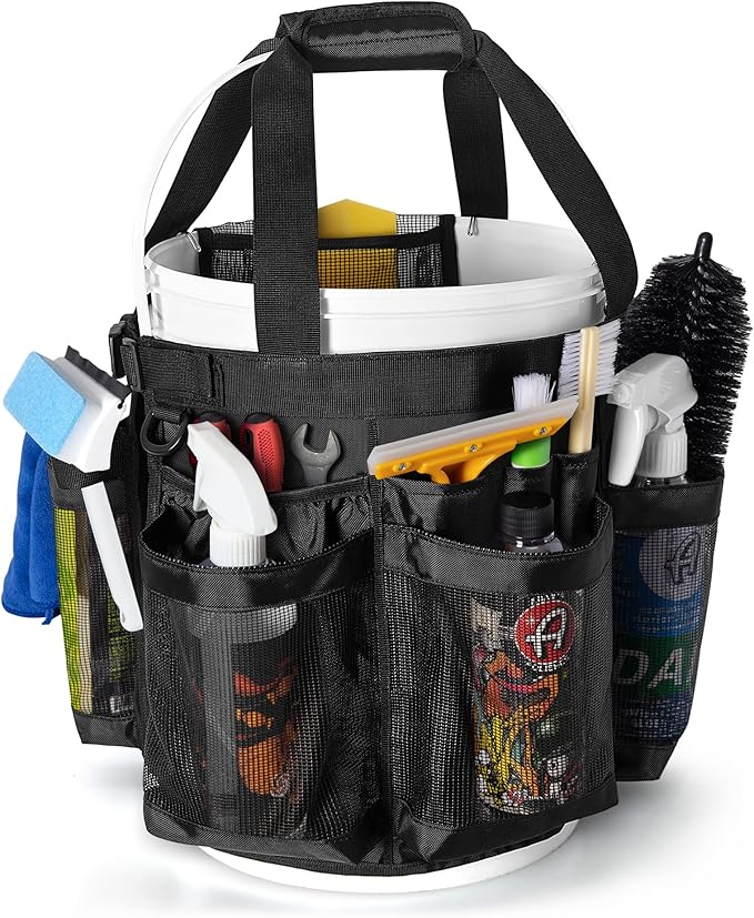 5 Gallon Bucket Organizer with Anti-fall Hooks & Buckle, Car Wash Bucket Caddy with Mesh Pockets, 5 Gallon Cleaning Tools Bag for Home, Auto, Garden & Fishing