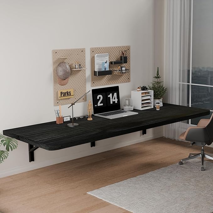 IAE Floating Wall Mounted Folding Table Desk with Pine Wood,60" x 22" Foldable Workbench,Fold Down Wall Mounted Foldable Desk with Shelf Brackets,Laundry Folding Table for Home,Dining,Kitchen,Black
