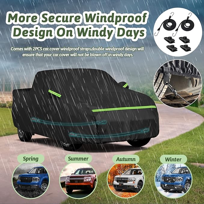 Truck Car Cover for 2021-2025 Ford Maverick, 210T Sun Rain UV Dust Snow Protection Waterproof 4.5 Feet Bed Pickup Covers with Zipper Door & Windproof Bands for Ford Maverick XL/XLT/Lariat-(Black)
