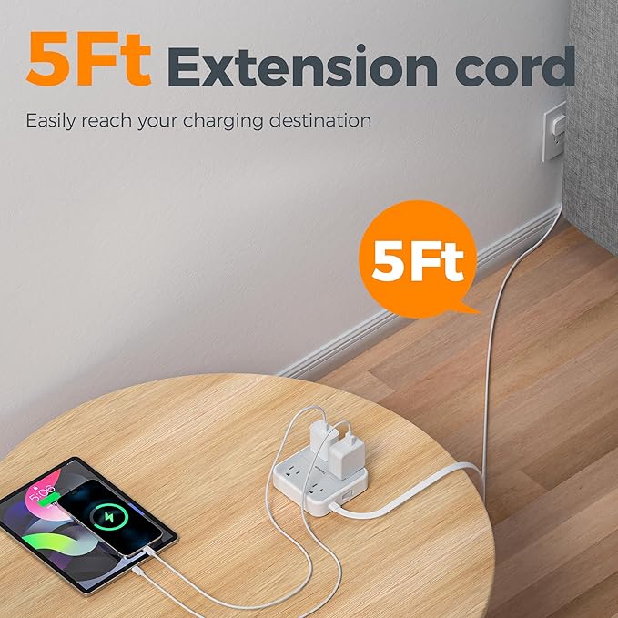 TESSAN Surge Protector Flat Extension Cord 5Ft, Flat Plug Power Strip with 4 Outlets 3 USB Ports (1 USB C), 1875W 15A, 900 Joules Protection, Multiple Wall Outlet Extender Suitable for Home, Grey