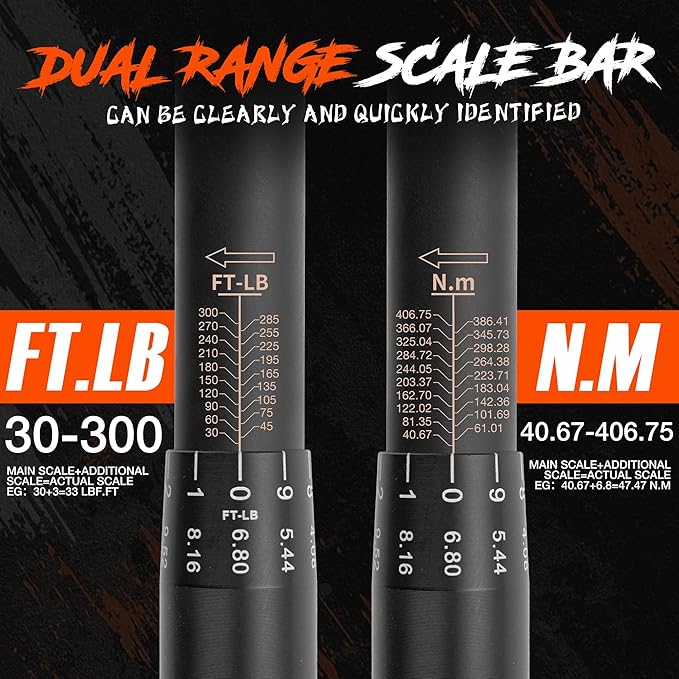 1/2-Inch Drive Click Torque Wrench 30-300 Ft.Lb/40.7-406.8 Nm, Dual-Direction 72 Tooth Adjustable，Dual Range Scale, ±3% High Precision Torque use Product Assembly and Car Repair
