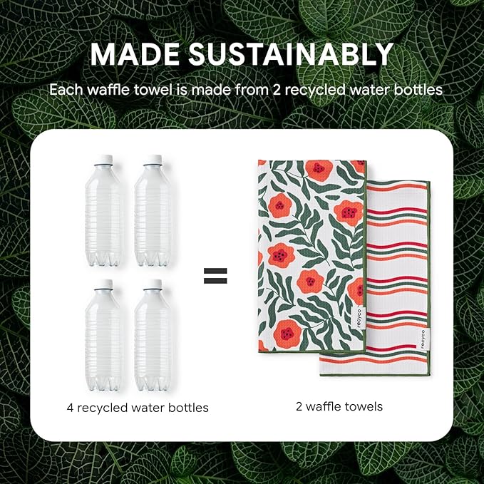 RECYCO Waffle Kitchen Towel Set of 2 - Quick Dry Microfiber Sustainable Dish Towels - Ultra Absorbent Reusable Cleaning Tea Towels - Lightweight Hand Towels,16”x 28”, Poppy Waves