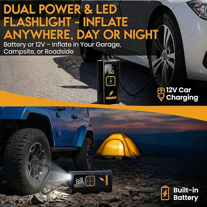 Heavy Duty Dual Cylinder Tire Inflator Portable Air Compressor - 160 PSI Dual Power Cordless Air Pump for Car, Truck, SUV - 12V DC & Rechargeable Battery, Digital Display, LED Light & Auto Shut-Off
