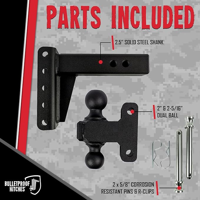 BulletProof Hitches - 2.5" Adjustable Heavy Duty Trailer Hitch (22,000 lb. Rating) - 4" Drop/Rise Trailer Hitch with 2" & 2-5/16" Dual Ball - Powder Coat, Solid Steel, Corrosion-Resistant