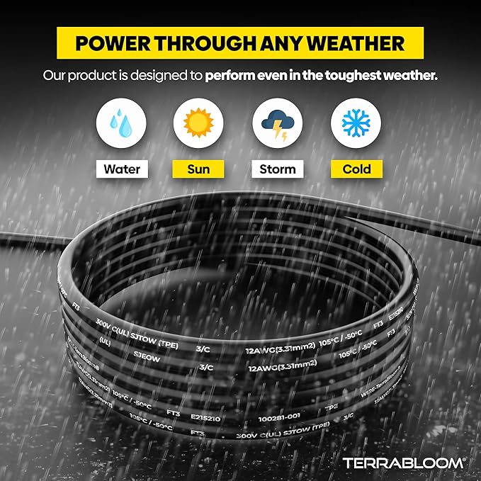 TerraBloom 12/3 Heavy Duty Extension Cord 50 FT Outdoor - Black Outdoor Extension Cord Multiple Outlet - Ultra-Flexible SJEOW Rubber, Light Indicator, Triple Outlet for Maximum Efficiency - 15 Amp