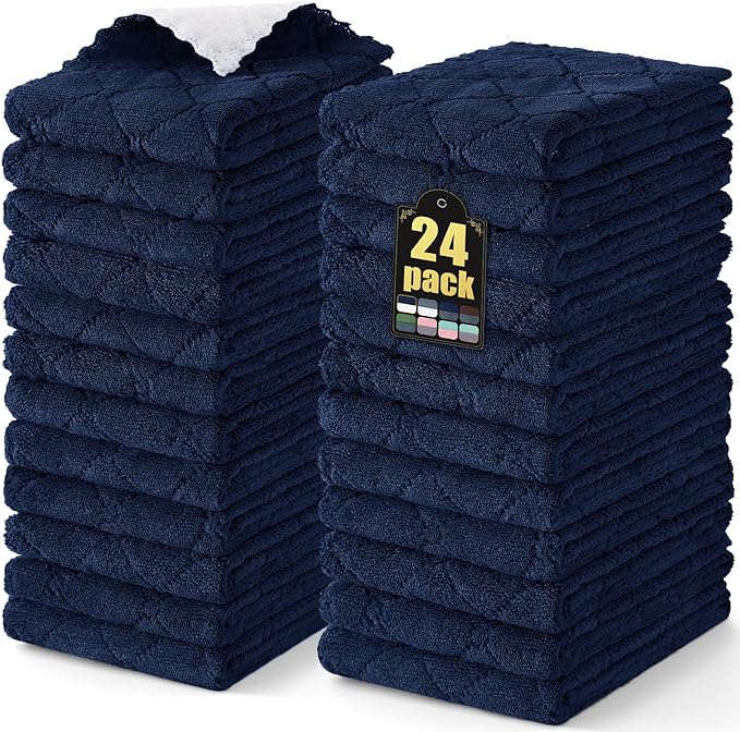 Mordimy 24 Pack Kitchen Towels (20" x 10", Navy Blue & White), Super Soft and Absorbent Dish Towels, Coral Velvet Microfiber Cleaning Cloth, Nonstick Oil Fast Dry Dish Cloths