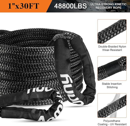 1" x30ft Kinetic Recovery Tow Rope Kit, 48,800 lbs Break Strength, 35% Elasticity, with 2 Soft Shackles, Heavy Duty Tow Strap for Offroad Jeep, SUV, Truck, ATV, UTV, Tractor & 4x4 Vehicles