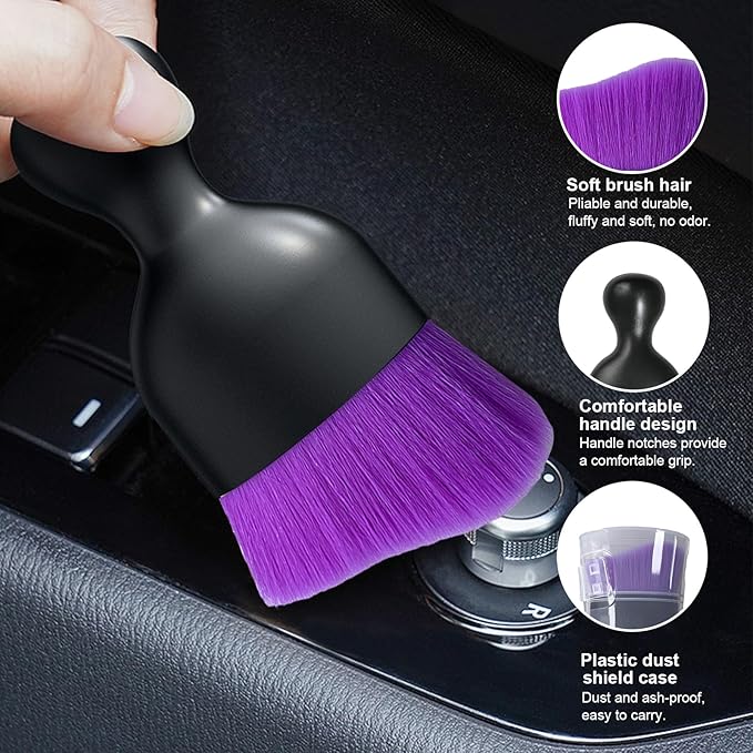 Ziciner Car Detailing Brush, Curved Soft Bristles Auto Removal Dust Collectors, Universal Vehicle Dashboard, Air Conditioner Vents etc Interior Cleaning Tool Accessory (Pure Purple)