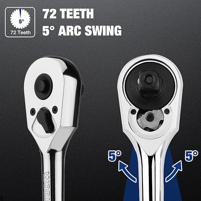 WORKPRO 3/8-Inch Drive Ratchet, Quick-Release Reversible Ratchet Wrench, 72-Tooth 3/8 Drive Ratchet Handle, Chrome Alloy Made, Cr-Mo Head, Full Polished