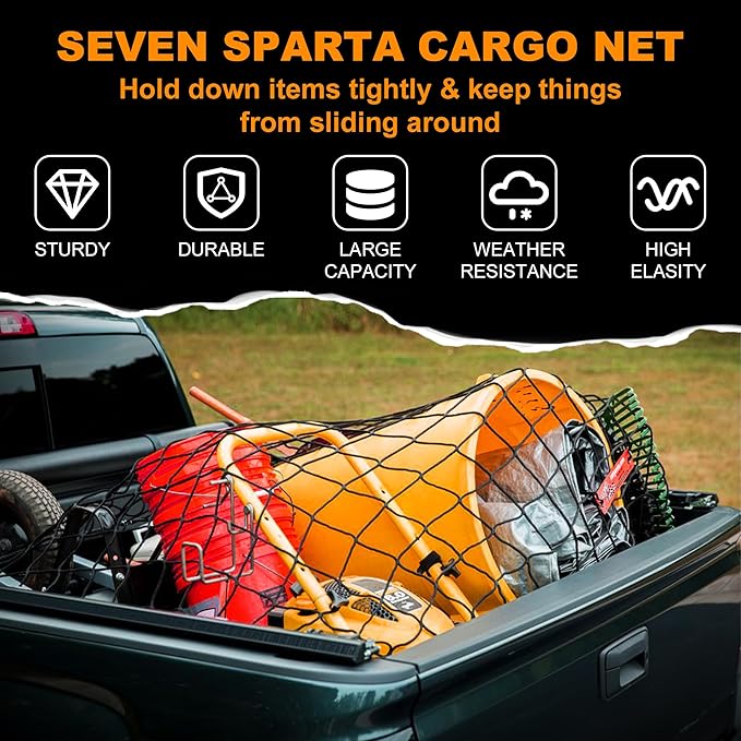 Seven Sparta 5’ x 7’ Bungee Cargo Net Stretches to 10' x 14' for Truck Bed, Pickup Bed, Trailer, Trunk, SUV with 16 Bonus D Clip Carabiners Car Organizer Net for Large Loads (Black, 5'x7')