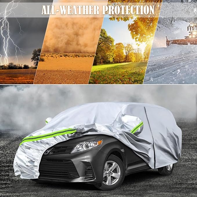 Waterproof Car Covers Replace for 2003-2025 Toyota Sienna Minivan, 6 Layers Silver All Weather Custom-fit Car Cover with Zipper Door & Windproof Bands for Snow Rain Dust Hail Protection