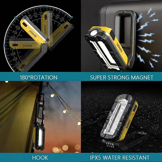 SUNREI LED Rechargeable Magnetic Work Lights COB Mechanic Lights,1200 Lumens, Magnetic Base & Hanging, 7Mode, Magnetic Flashlight Job Site & Security for Car Repair, Emergency, Gift for Men