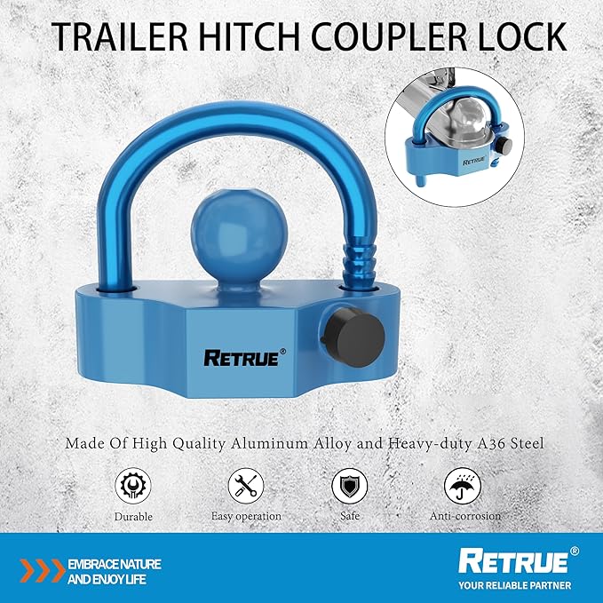 RETRUE Universal Coupler Lock Trailer Locks Ball Hitch Trailer Hitch Lock Adjustable Security Heavy-Duty Steel Fits 1-7/8 Inch, 2 Inch, 2-5/16 Inch Couplers Blue & Blue